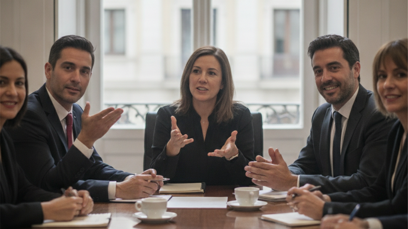 Trabajadores en reunión de equipo en España