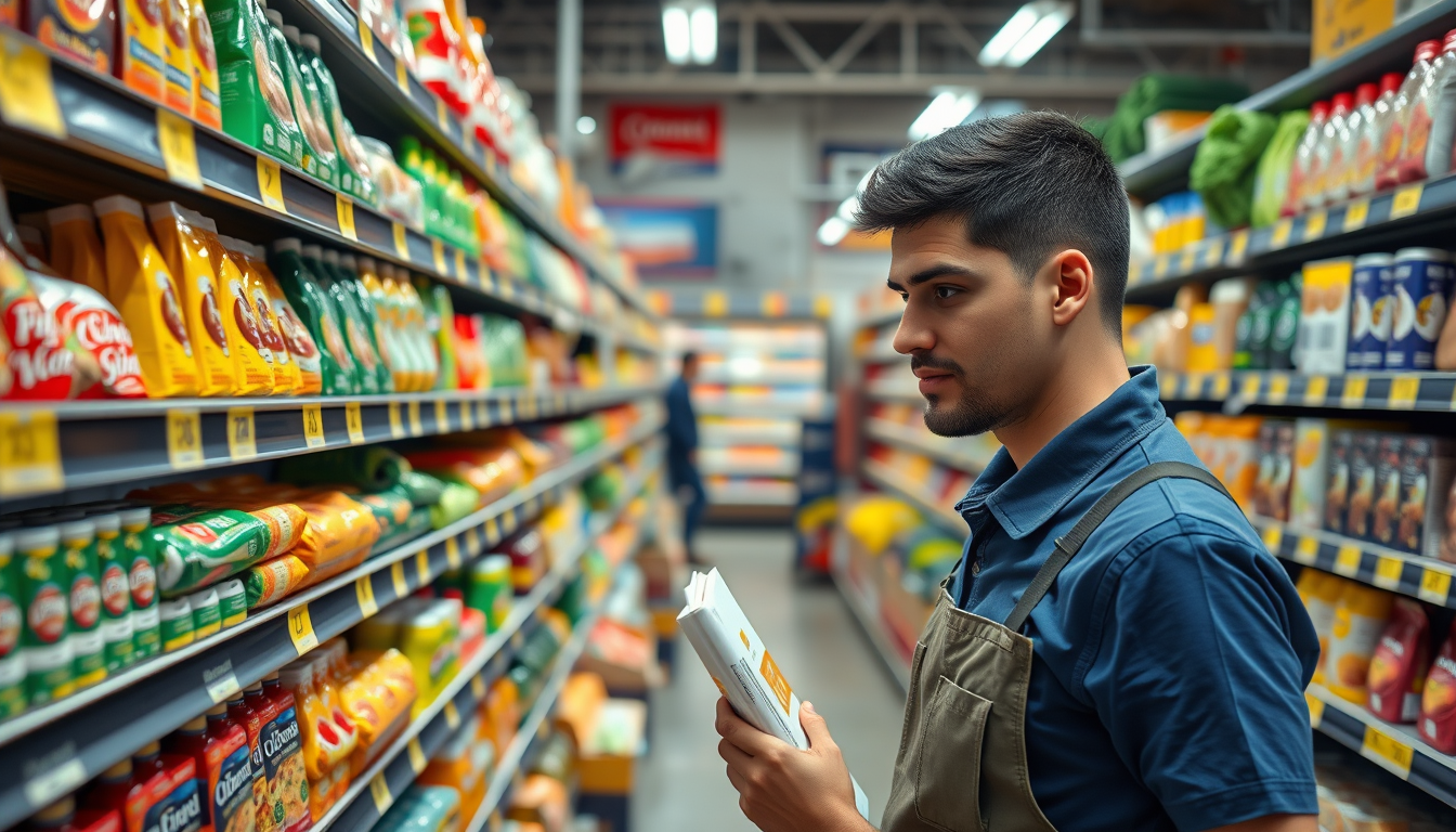 Empleado de Aldi reponiendo productos en tienda