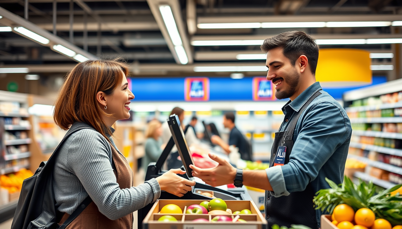 Cajero de Aldi atendiendo a un cliente en caja