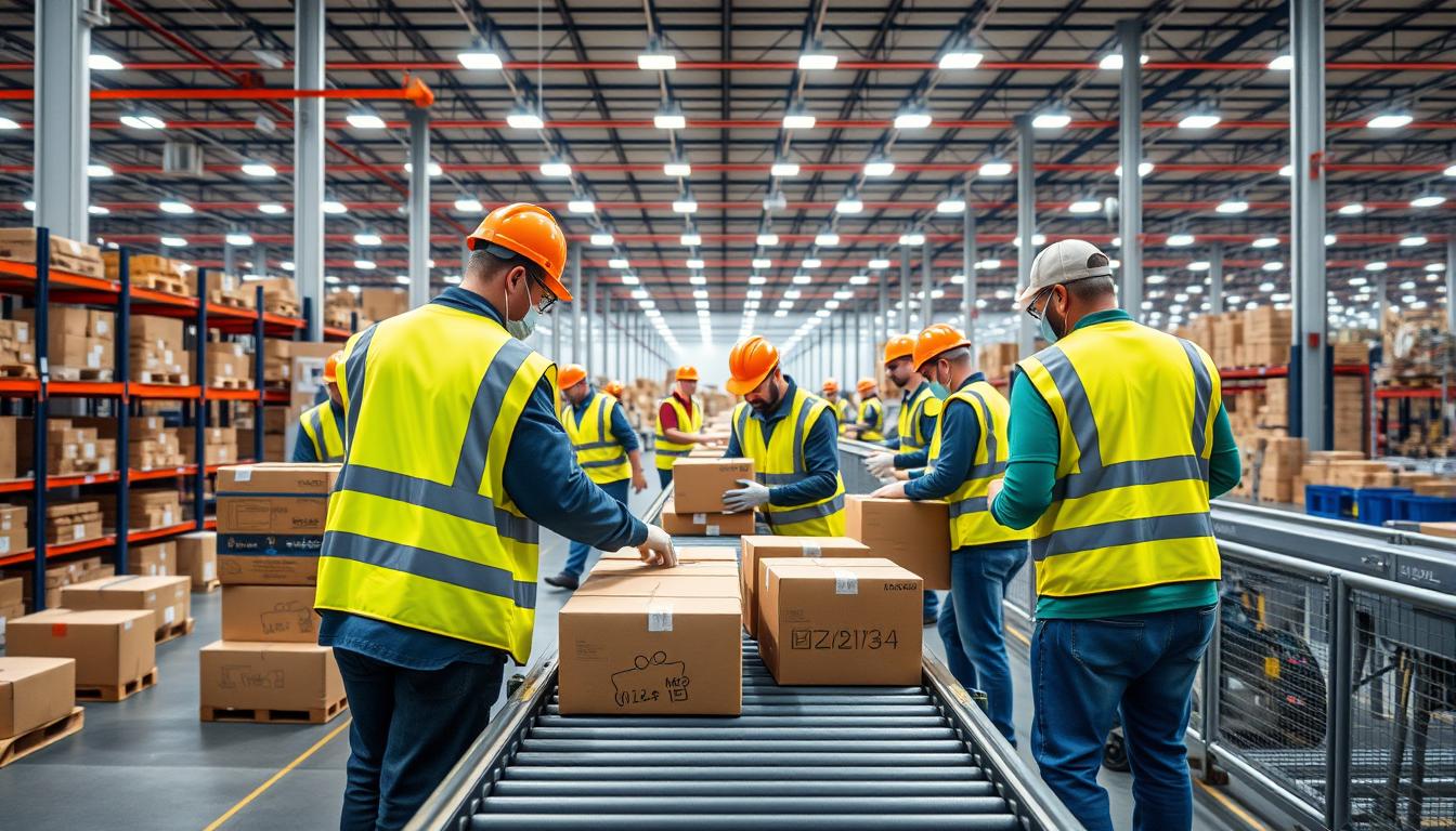 Trabajadores en centro logistico de Amazon en Espana