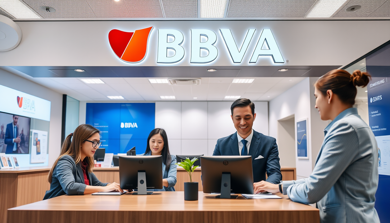 Empleados de BBVA atendiendo a clientes en oficina