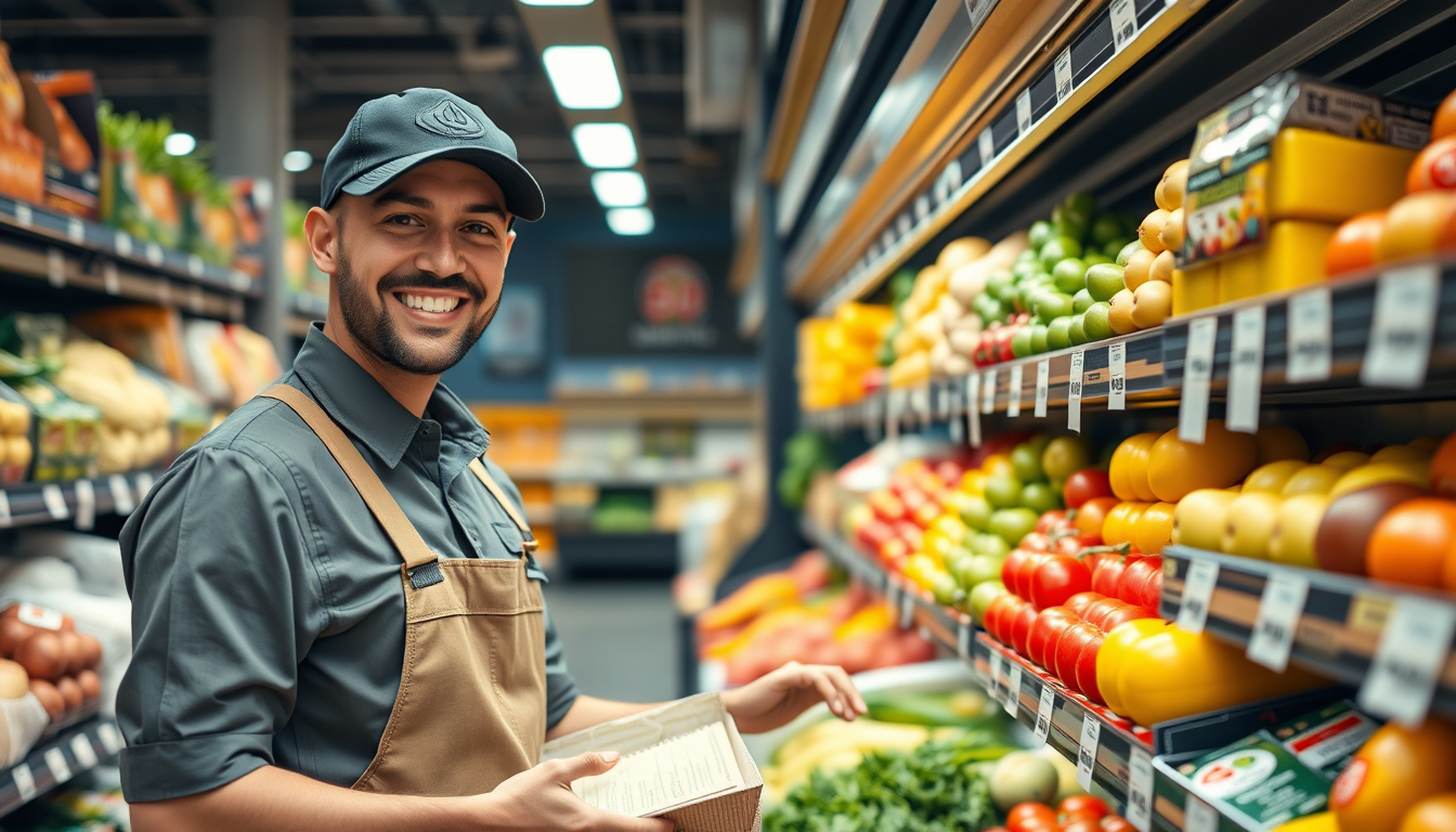 Empleado reponiendo estanterias en un supermercado en Espana