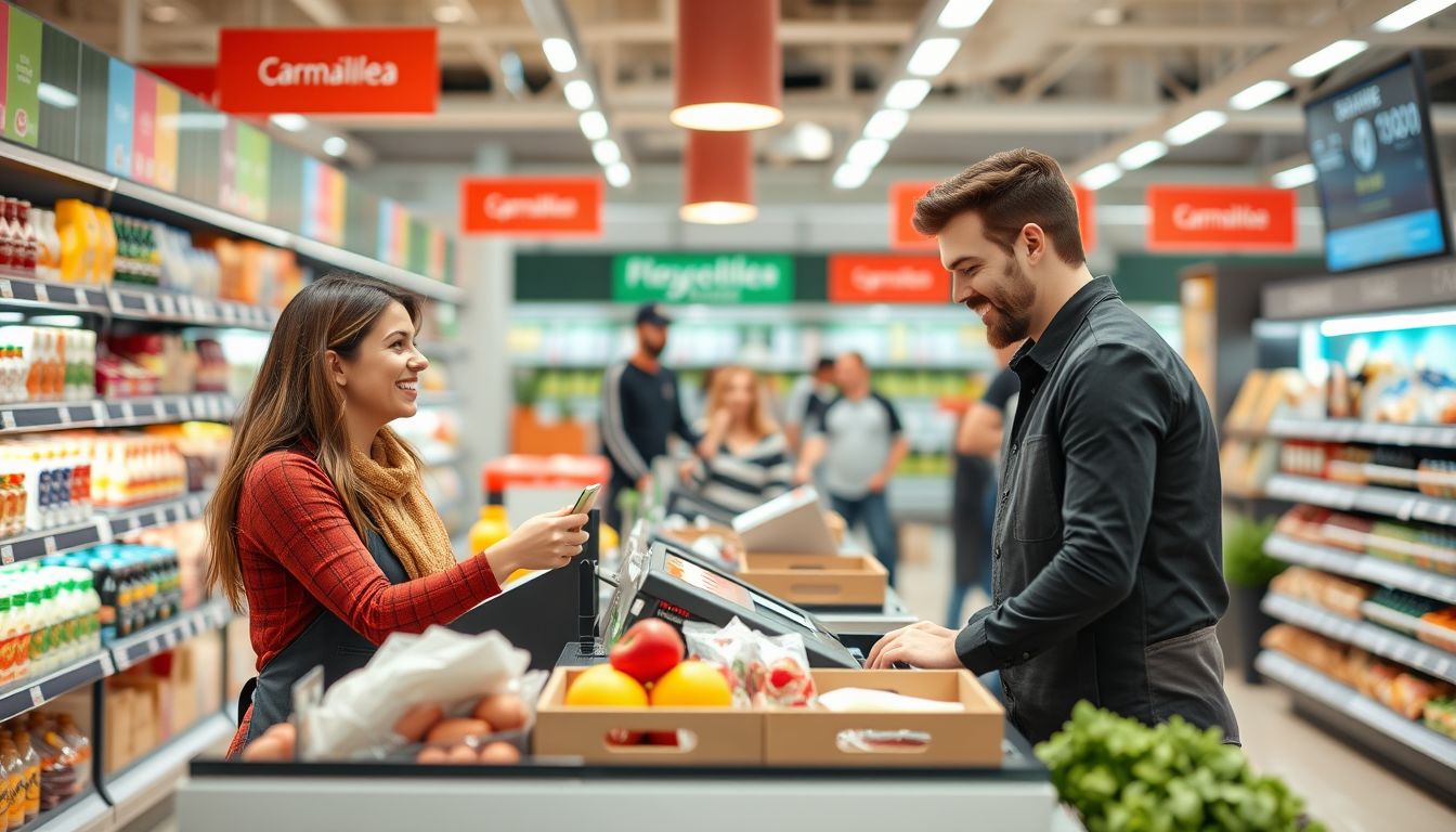 Cajera atendiendo a un cliente en un supermercado en Espana