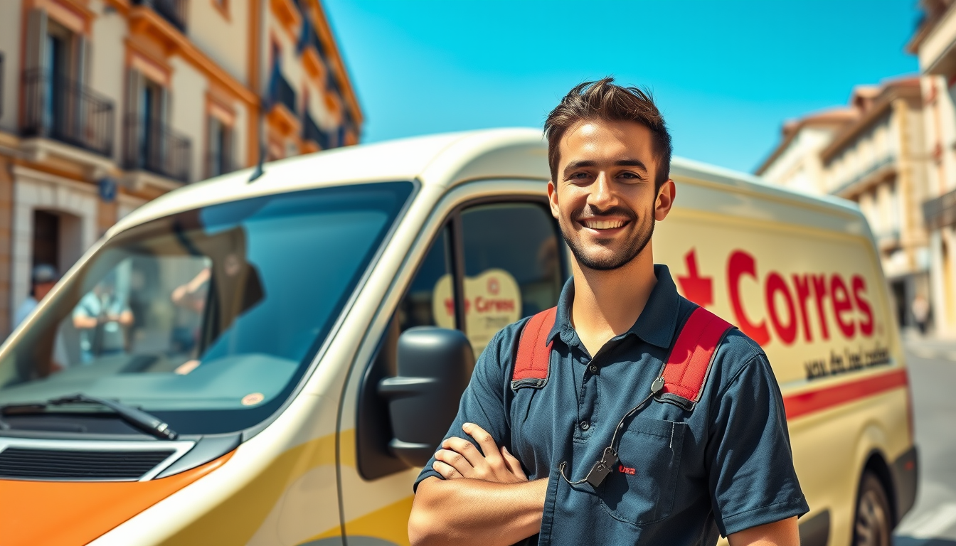 Trabajador de Correos sonriente junto a una furgoneta de reparto en una calle de España