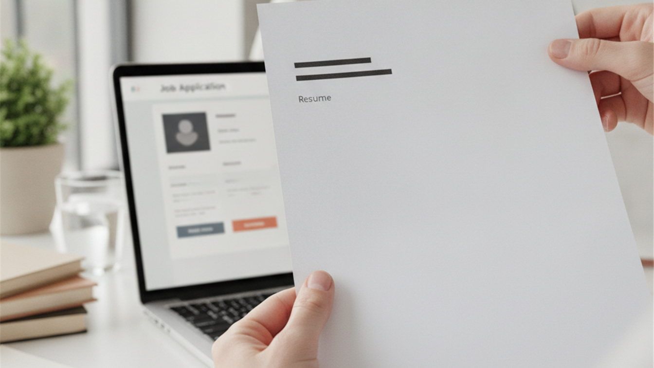 Persona sosteniendo curriculum con portatil de fondo