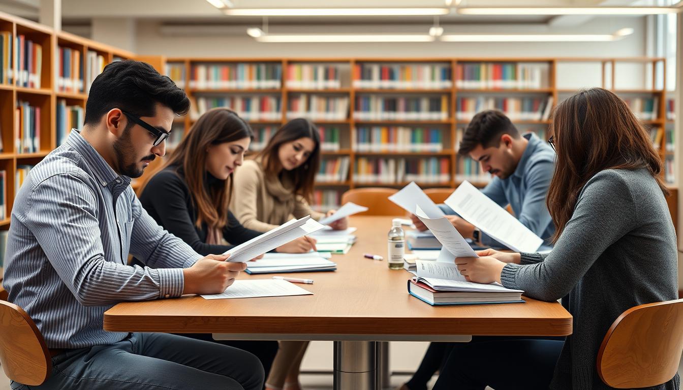 Personas preparando documentos para examen de oposicion en Espana