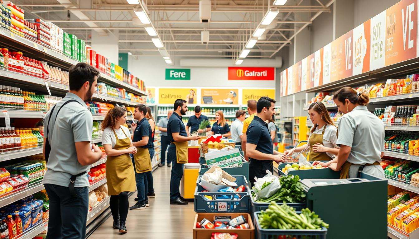 Equipo de empleados trabajando en supermercado en España