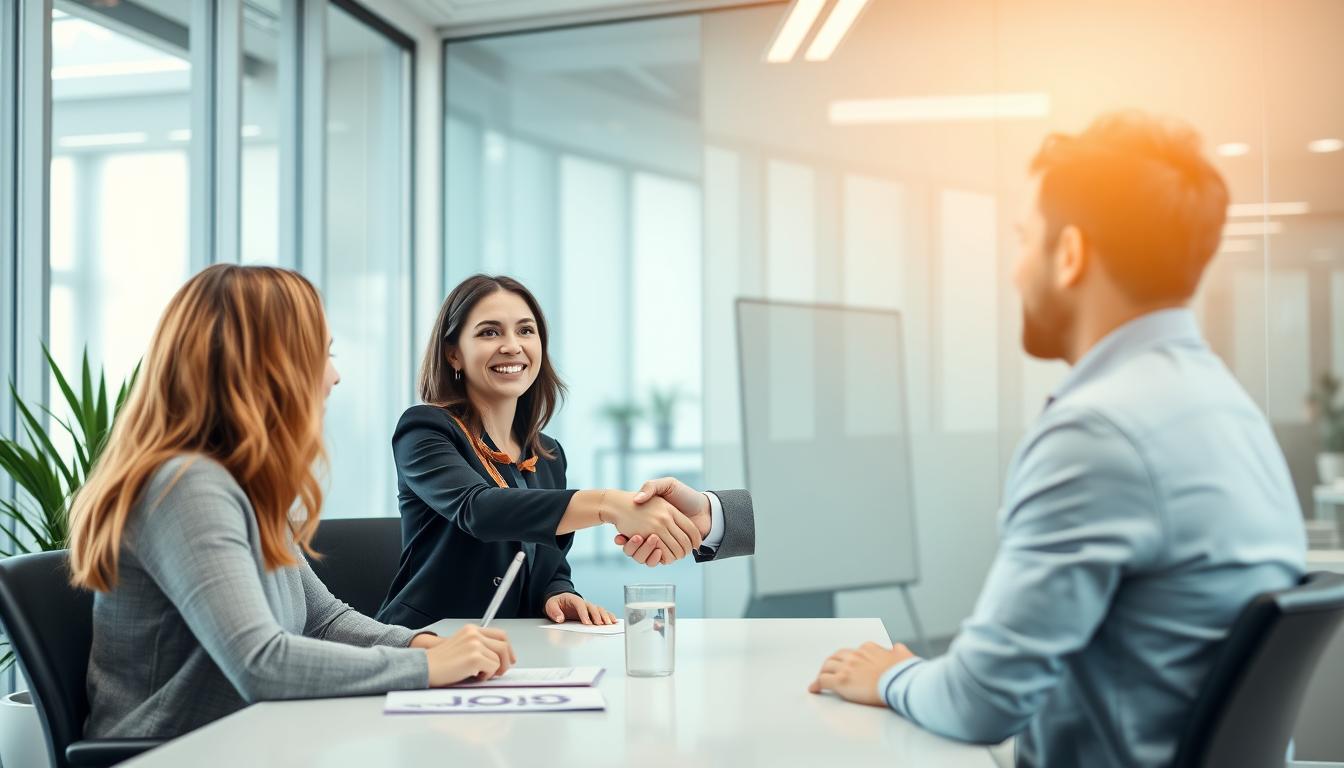 Entrevista de trabajo exitosa en oficina moderna en España