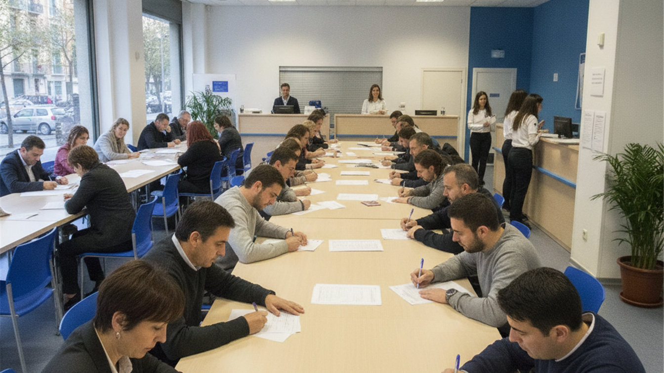 ciudadanos en oficina de empleo publico rellenando formularios