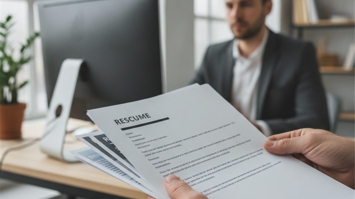 persona sosteniendo documentos de solicitud de empleo en oficina