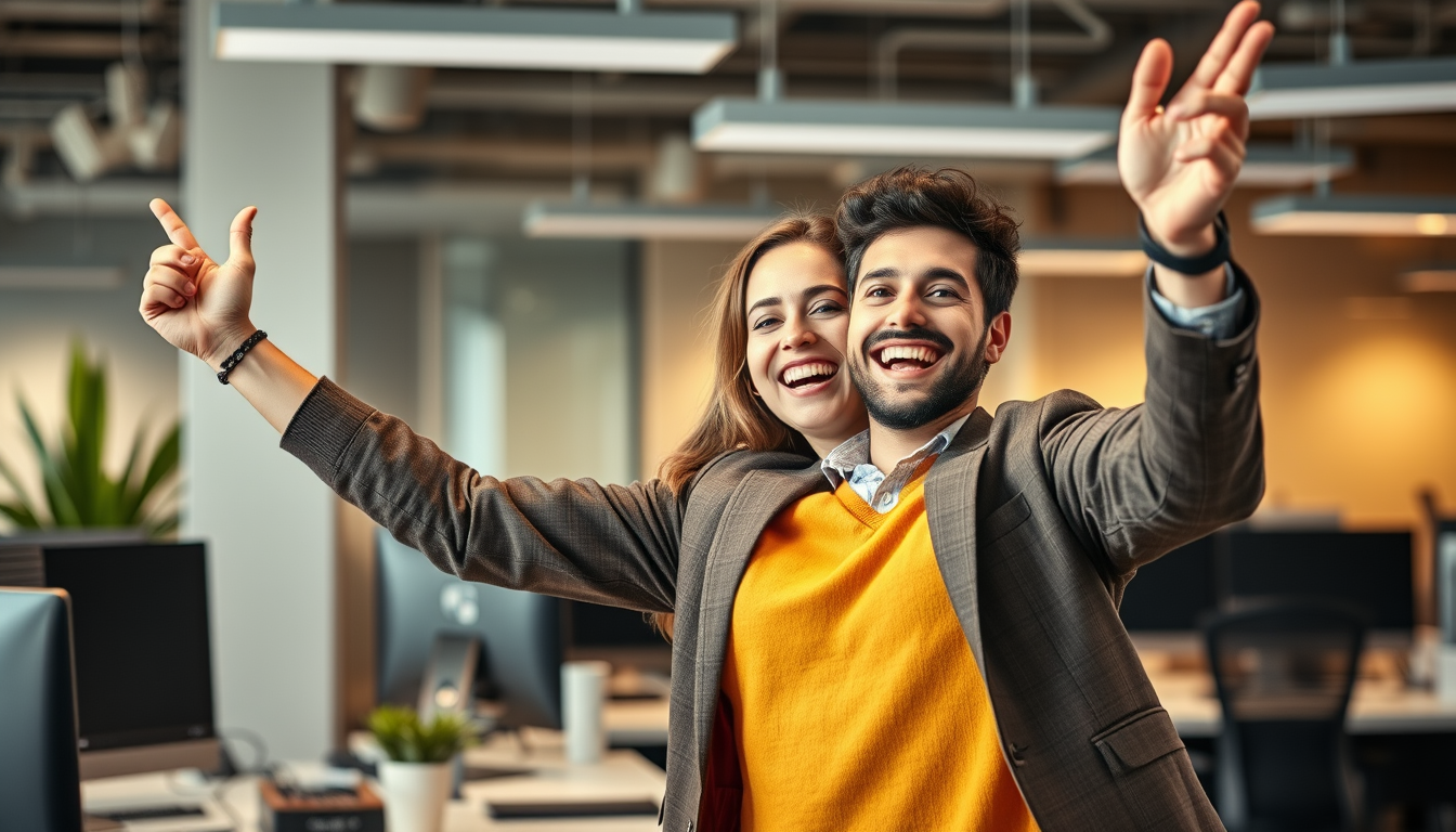 Profesional español celebrando conseguir empleo en telecomunicaciones