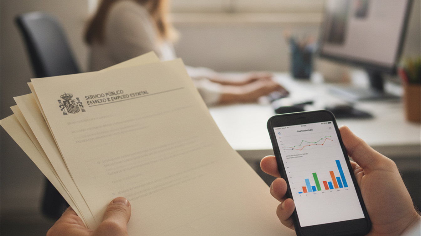 Documentos de prestacion por desempleo en manos de una persona en una oficina