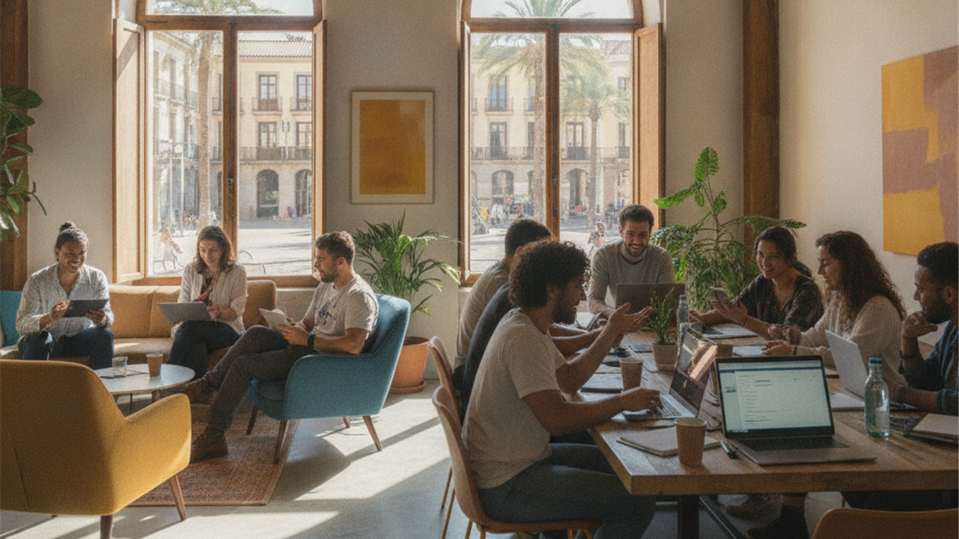 Equipo colaborando en remoto desde un espacio de coworking en España