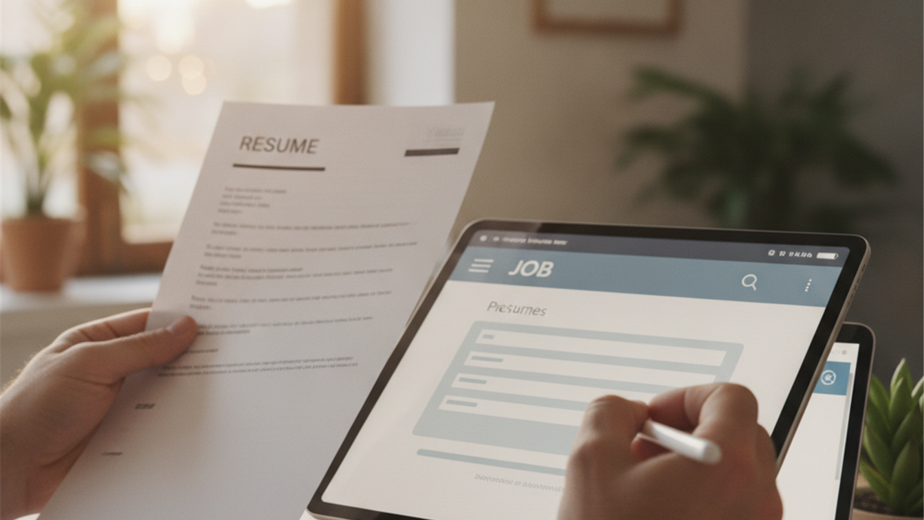 Persona completando solicitud de empleo con documentos y tablet