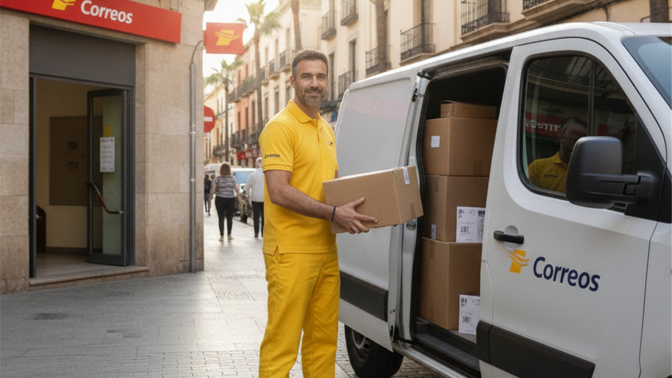 repartidor de correos cargando paquetes en furgoneta