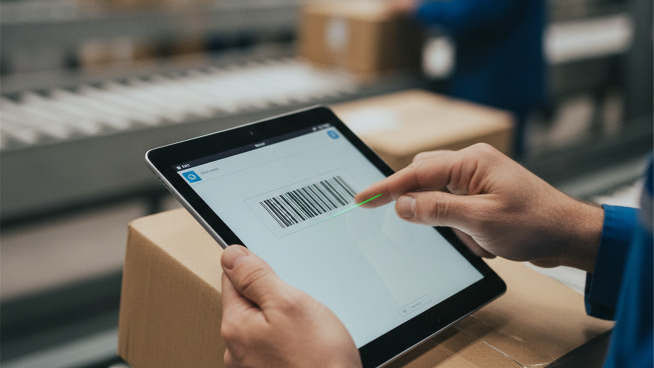 persona escaneando paquete con tablet en centro logistico de correos