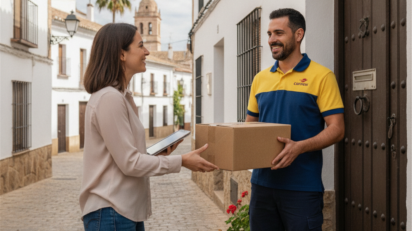Trabajador de Correos entregando un paquete en España