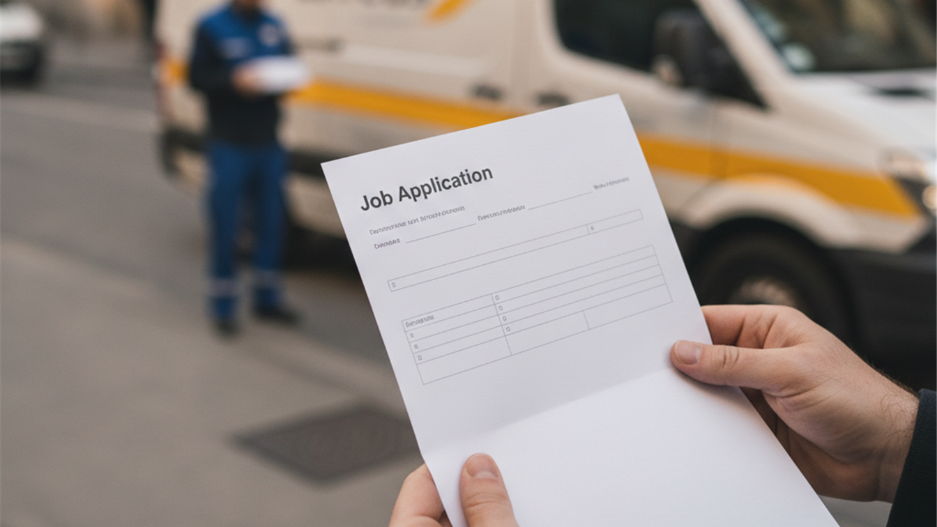 Documentos de solicitud de empleo junto a furgoneta de Correos
