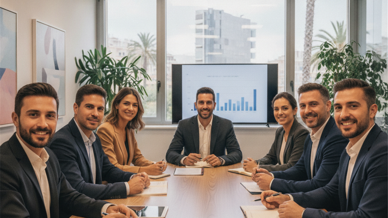 Trabajadores en España en reunión de equipo profesional