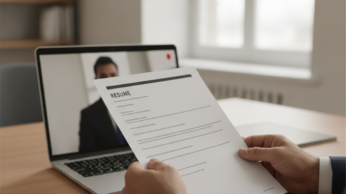 Persona sosteniendo documentos y curriculum en oficina