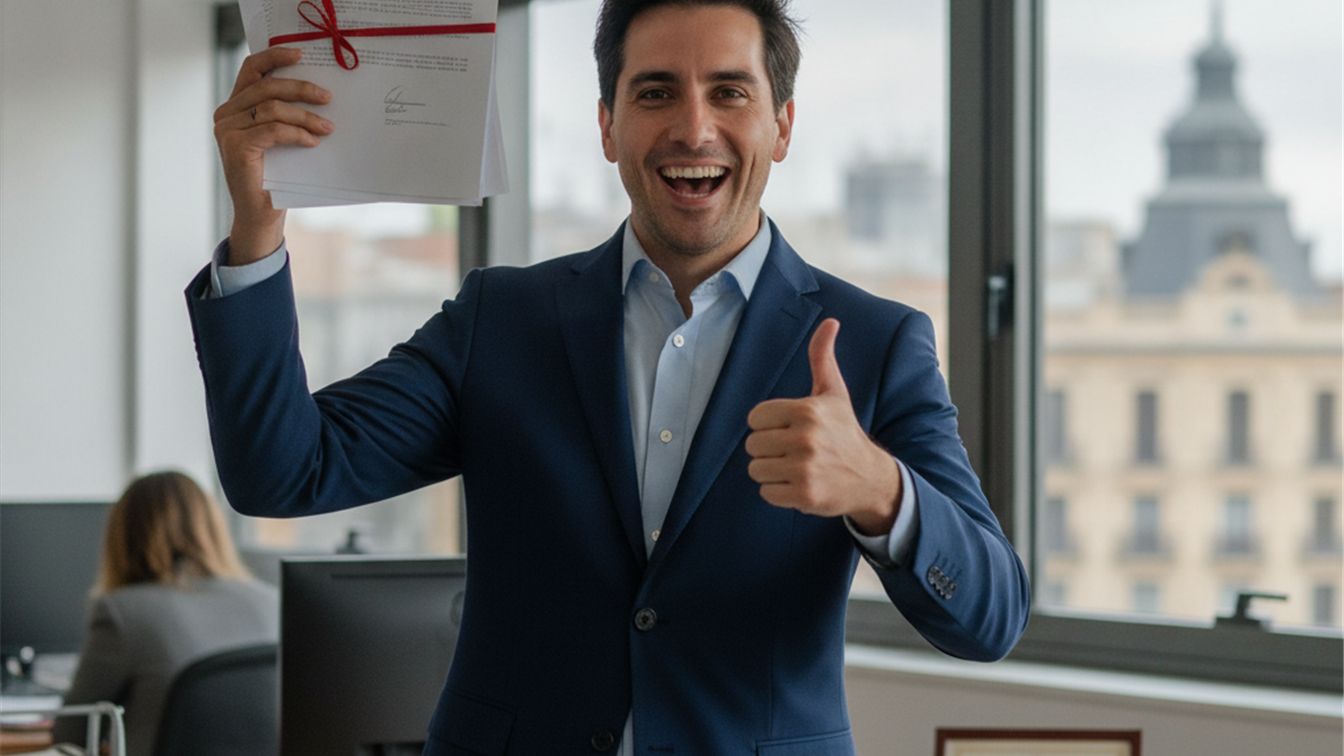 profesional español celebrando conseguir un empleo