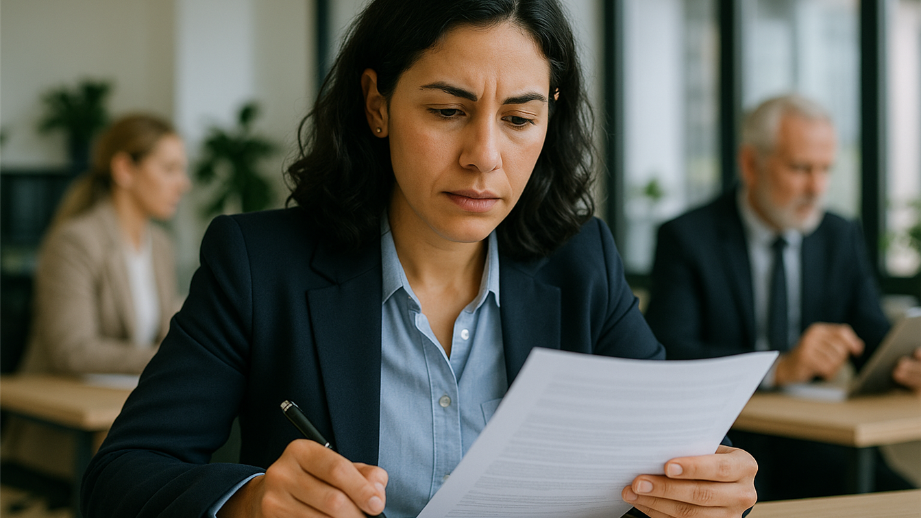 Profesional revisando contrato de trabajo en oficina española
