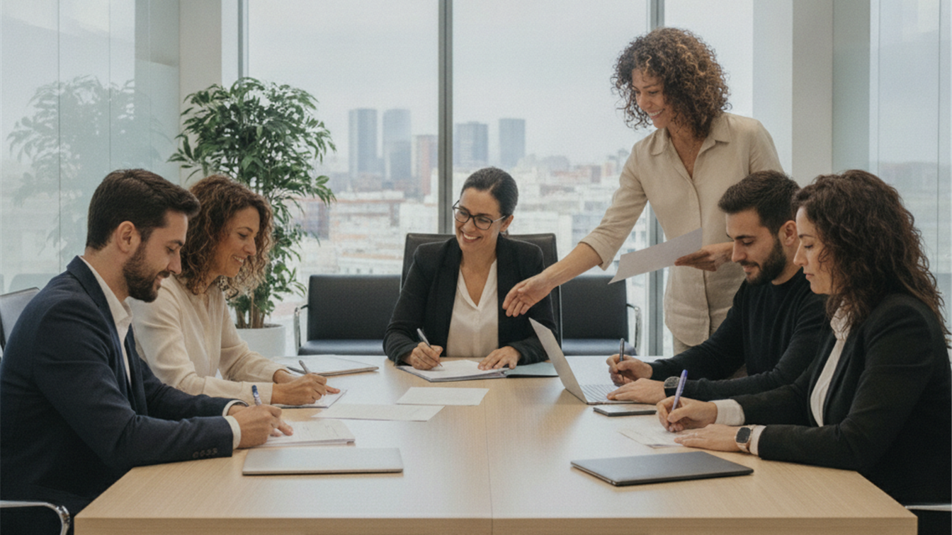 Trabajadores en España firmando contratos de empleo en oficina moderna