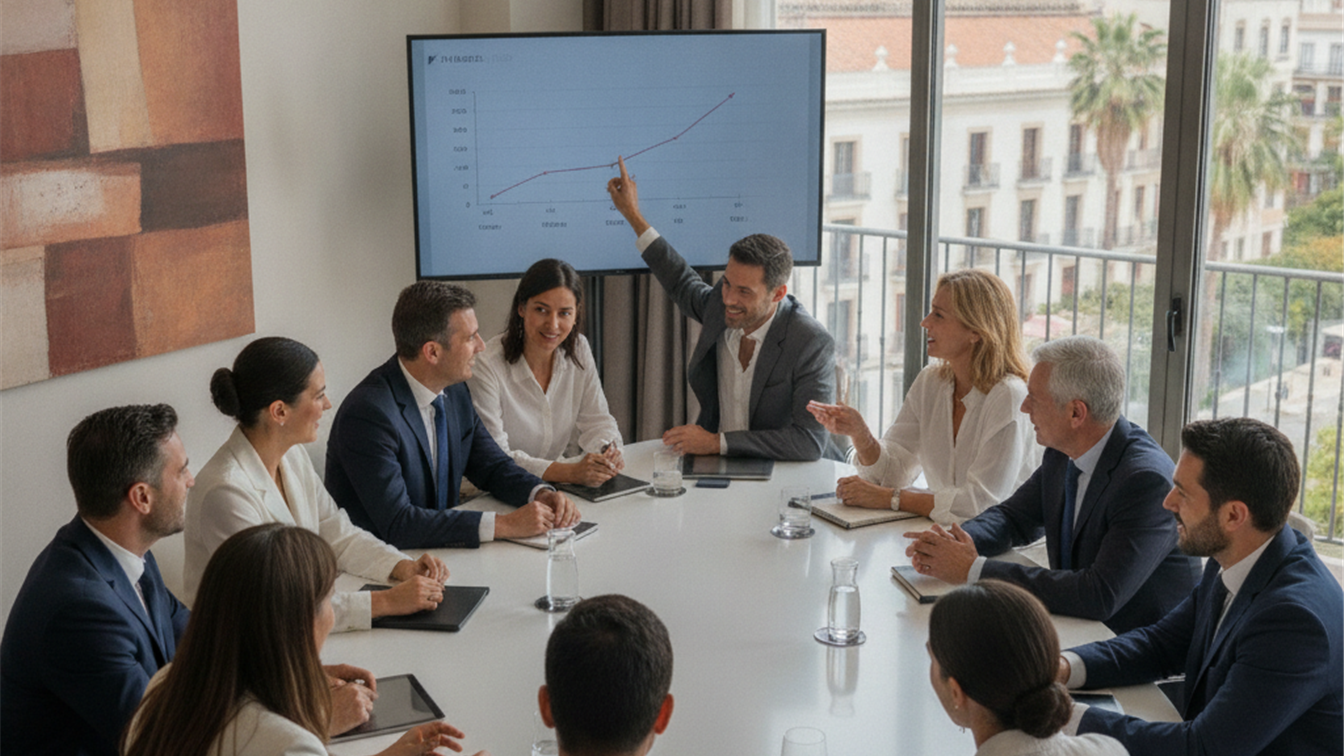 Equipo de trabajadores de hostelería en reunión profesional en España