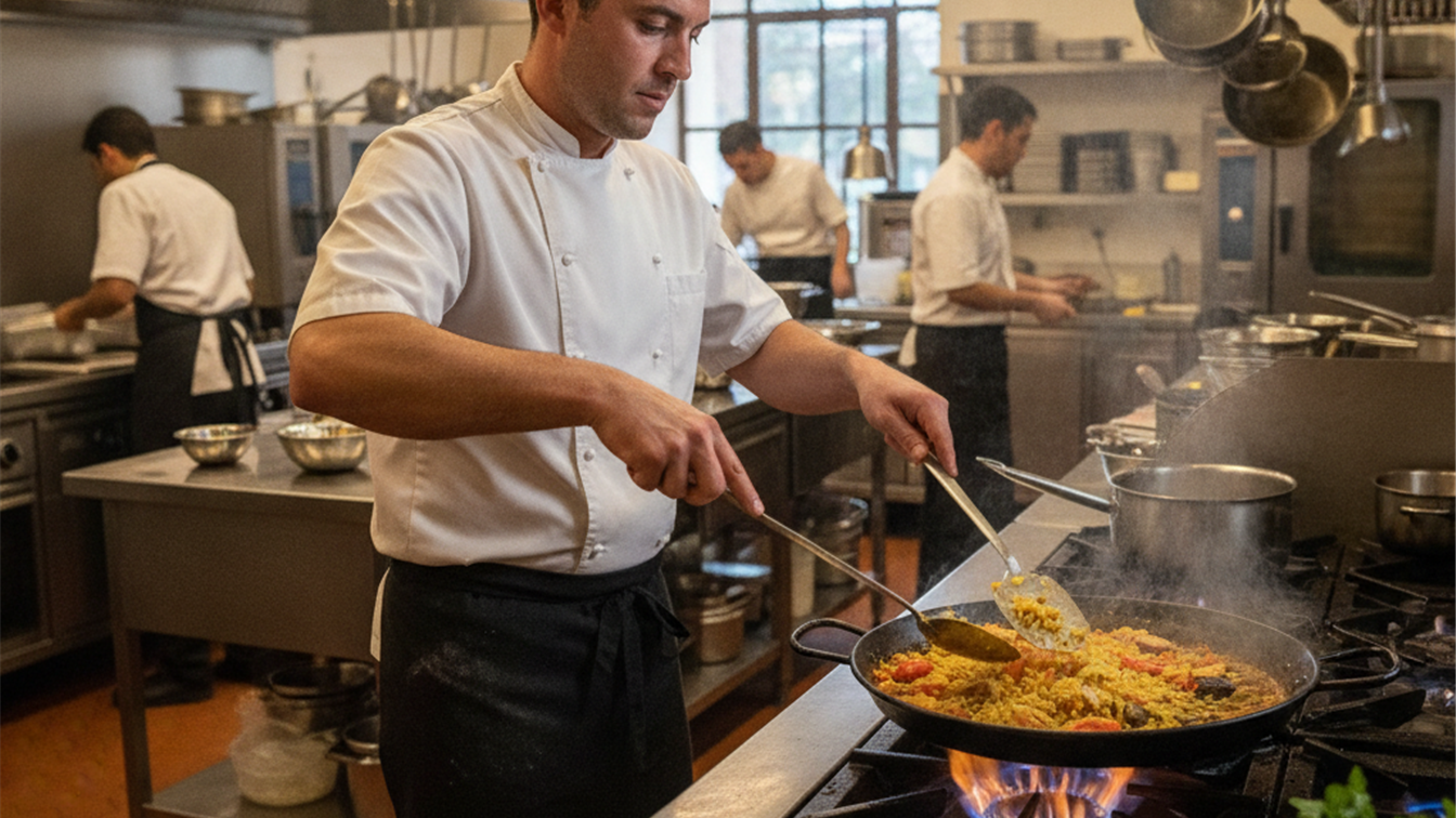 Chef profesional cocinando en restaurante español — empleo en hostelería