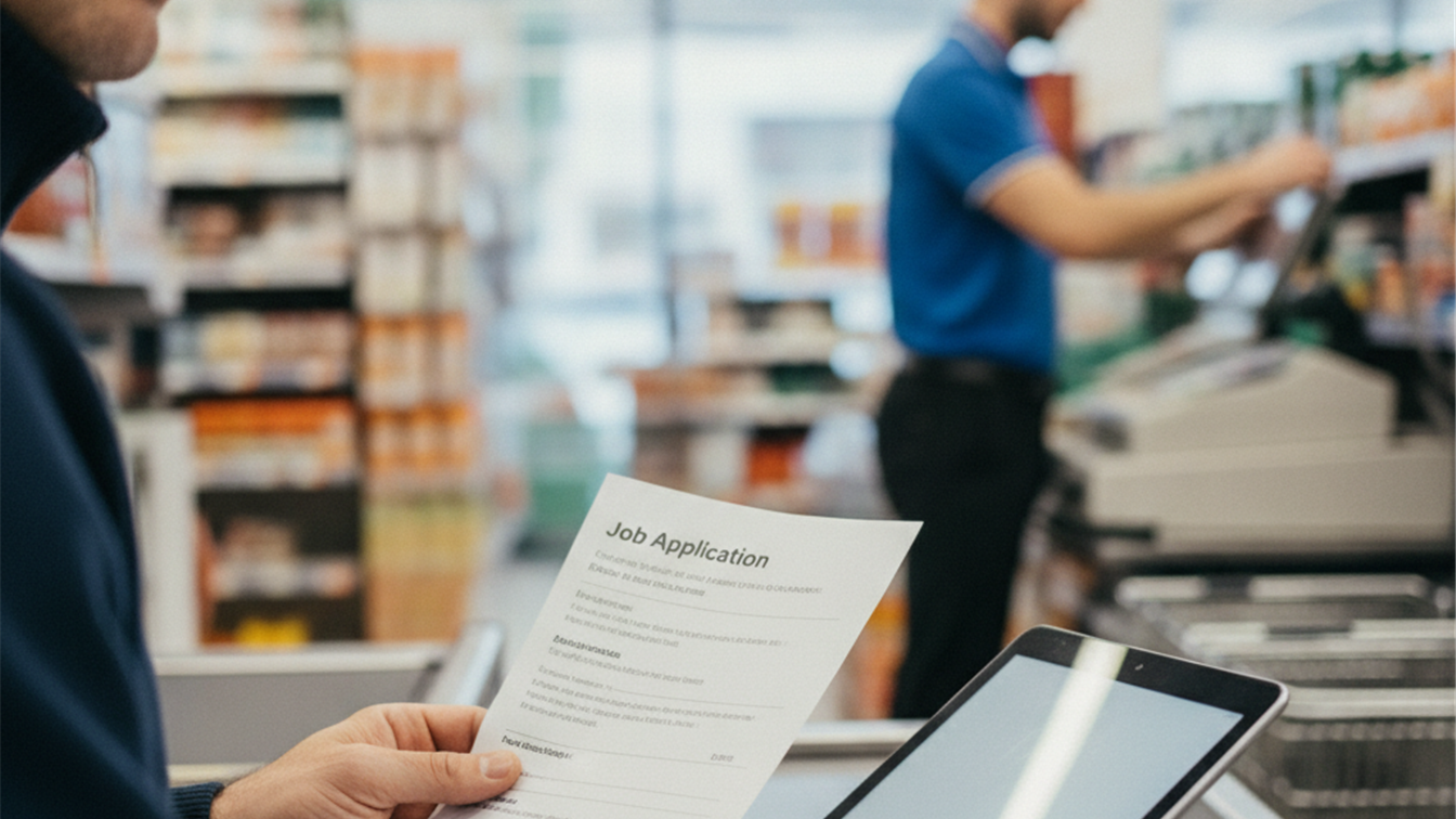 documentos y solicitud de empleo en supermercado España