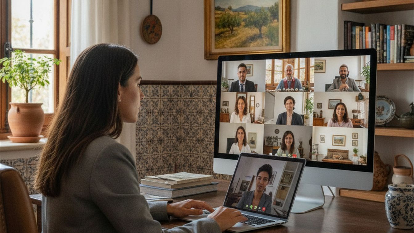 Reunion de equipo en videollamada, teletrabajo en España 2026