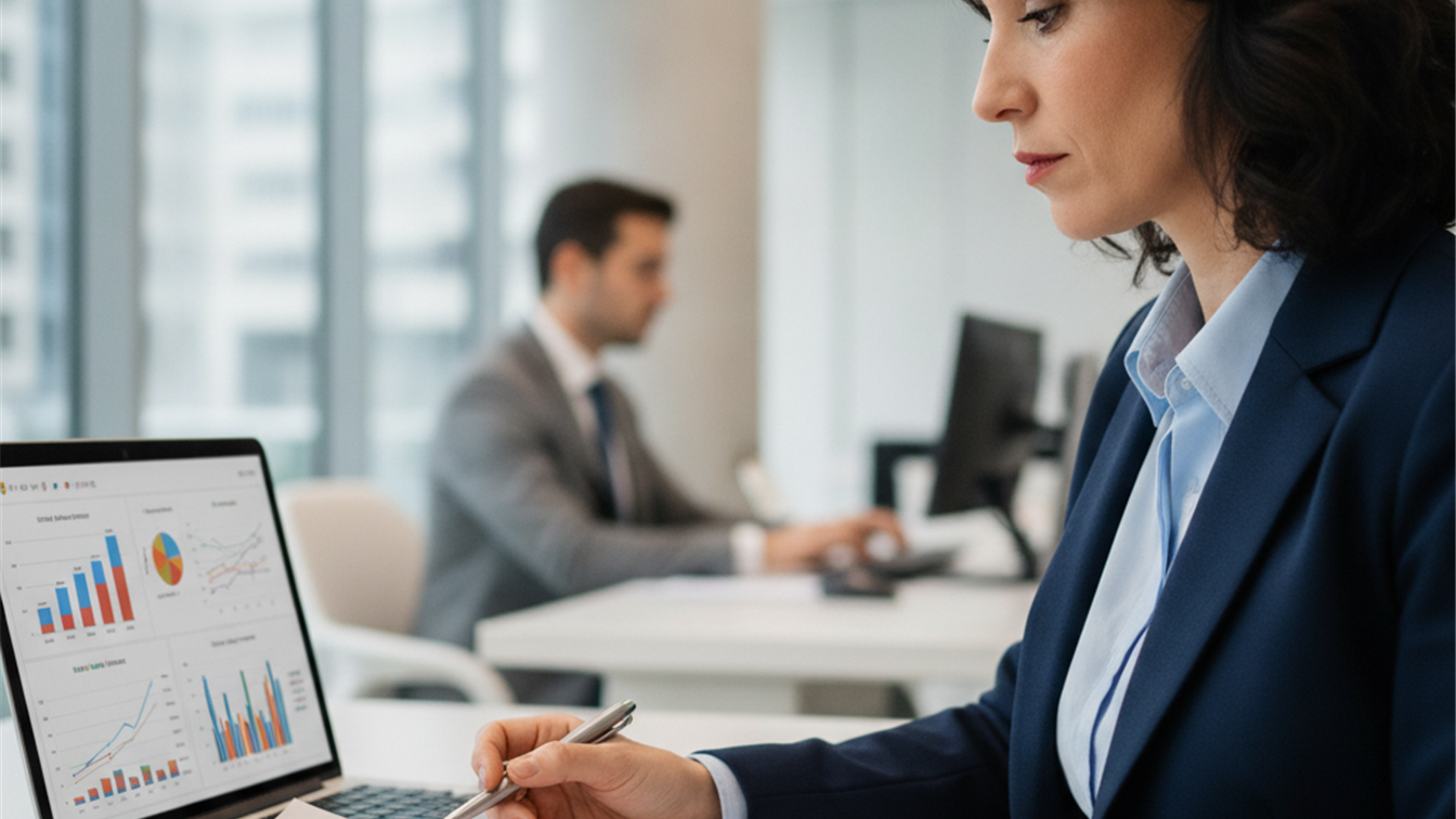 Profesional bancario revisando documentación en oficina BBVA España