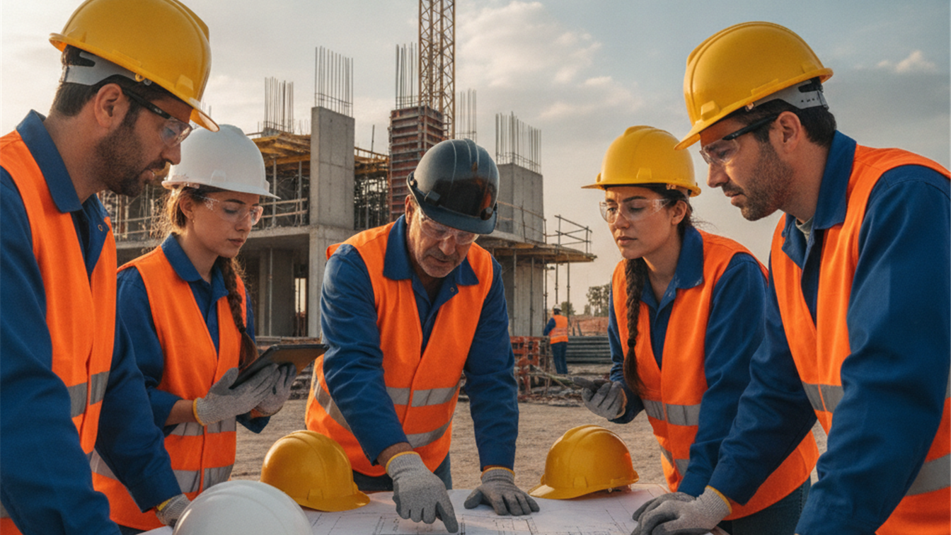 Trabajadores de construcción en España revisando planos de obra