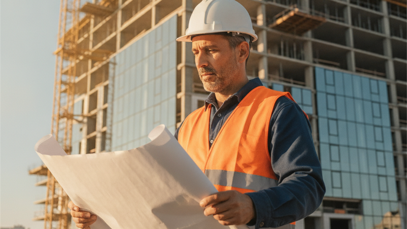 Trabajador de construcción revisando planos y documentación técnica en España