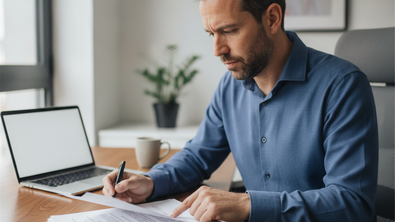 Trabajador revisando contrato de empleo en oficina España