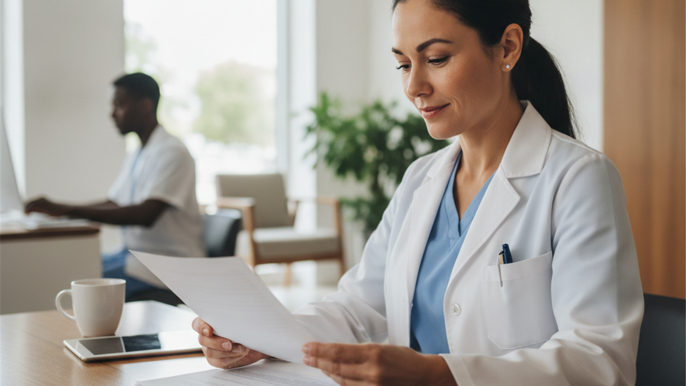 Profesional sanitario revisando contrato de trabajo en centro médico español