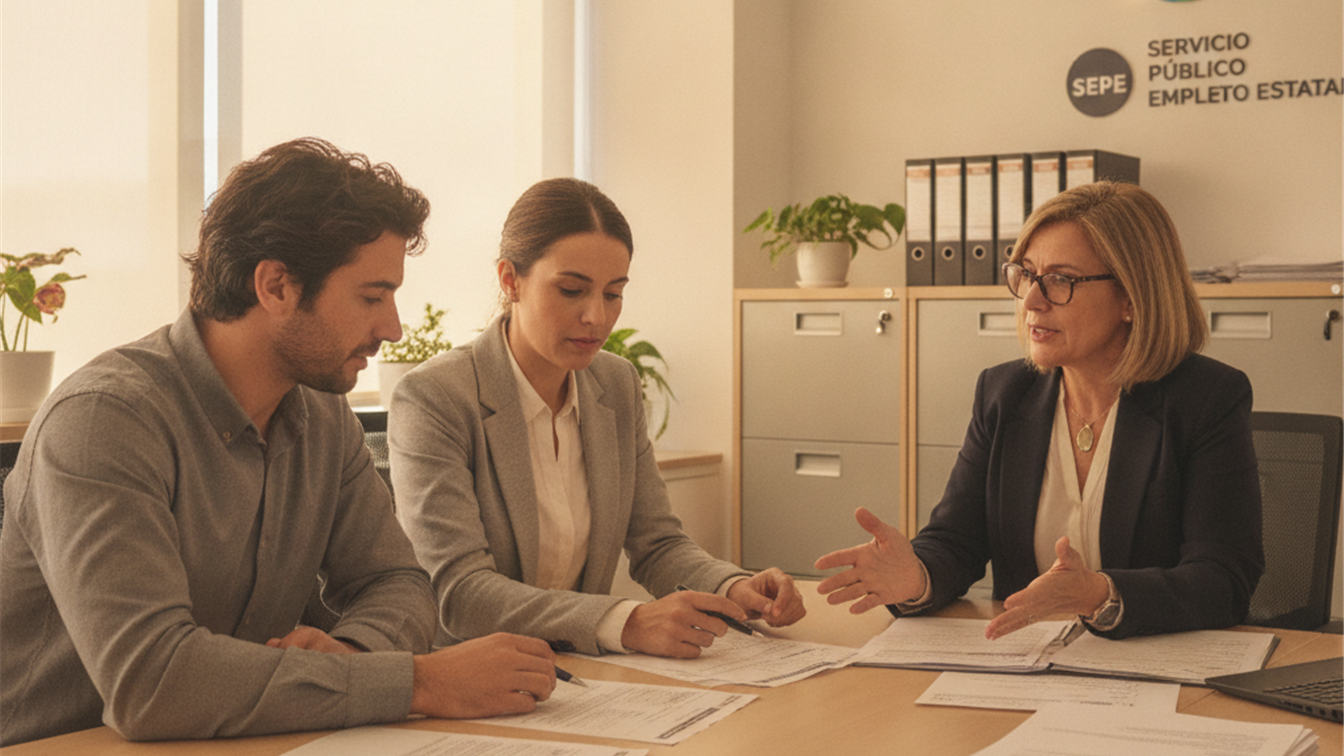 Trabajadores en oficina del SEPE revisando documentos de prestacion por desempleo en Espana 2026