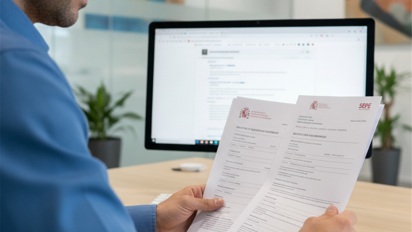 Persona revisando documentos de desempleo y subsidios del SEPE en Espana con ordenador al fondo