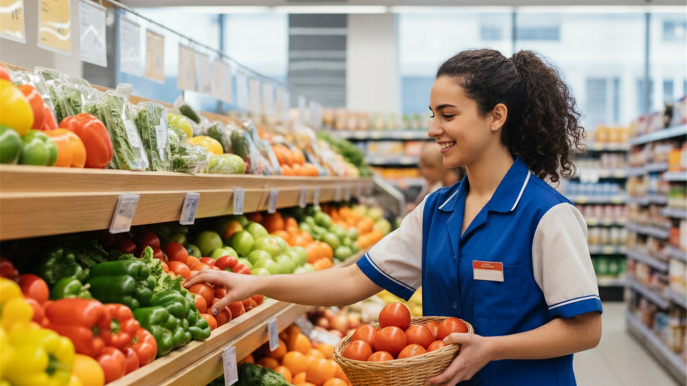 Empleada de supermercado reponiendo frutas y verduras en España