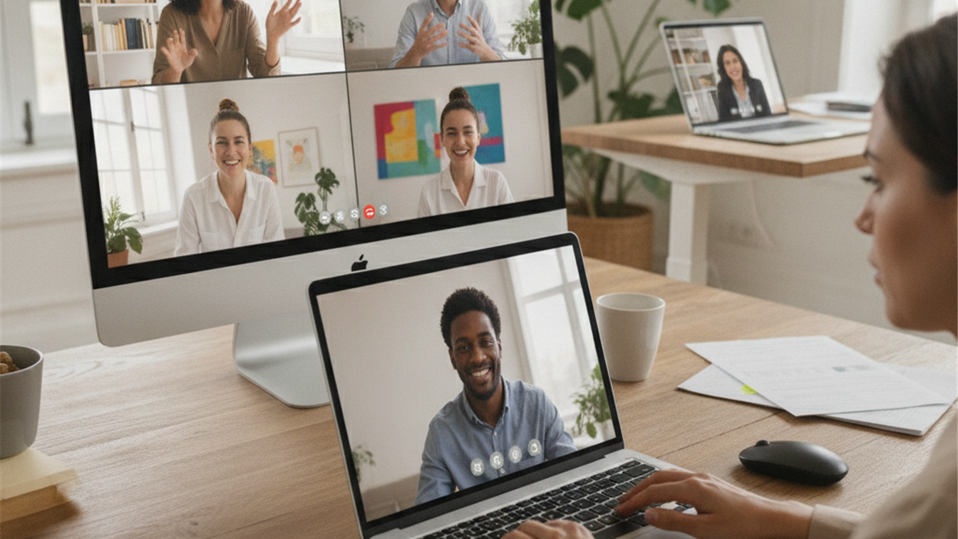 Profesionales espanoles en videoconferencia teletrabajando desde casa