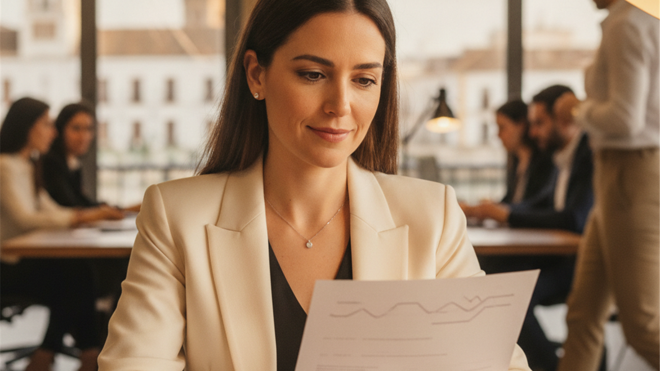 Profesional española revisando oferta de empleo en Sevilla, oficina moderna