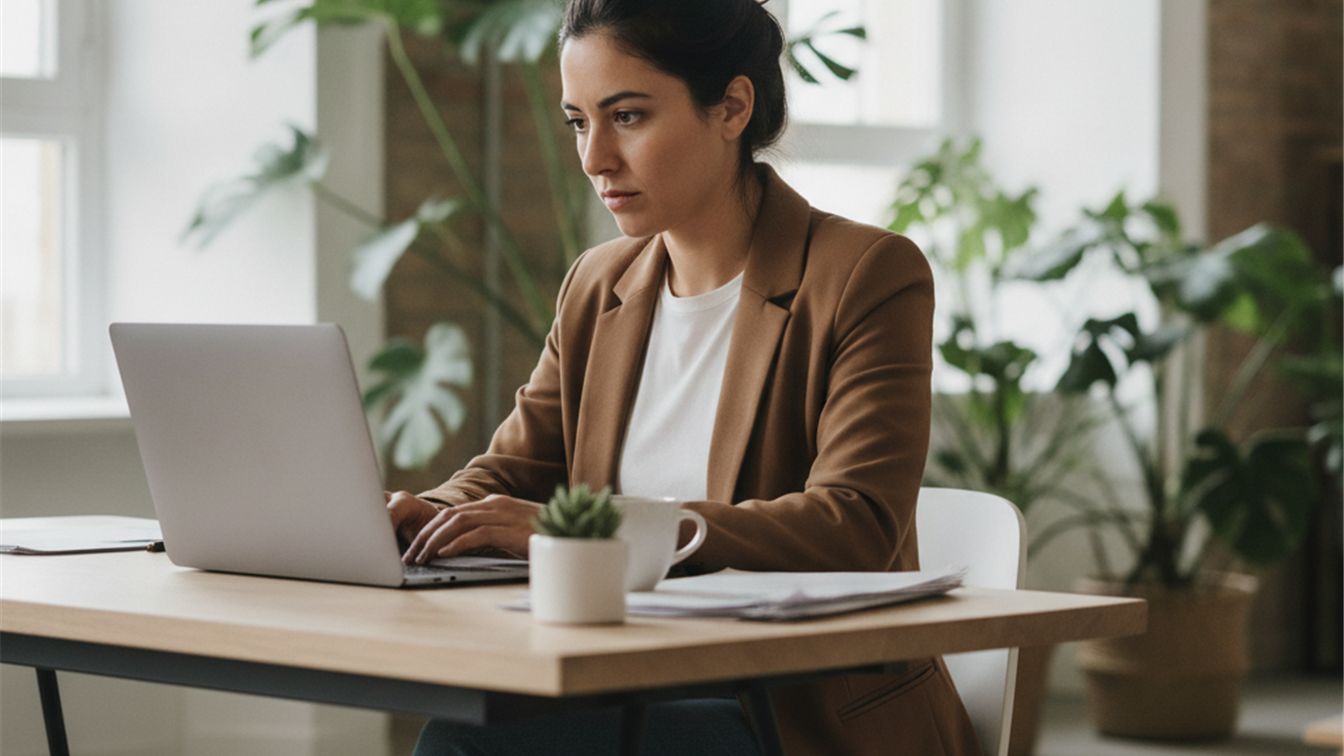 Profesional trabajando en ordenador en oficina espanola