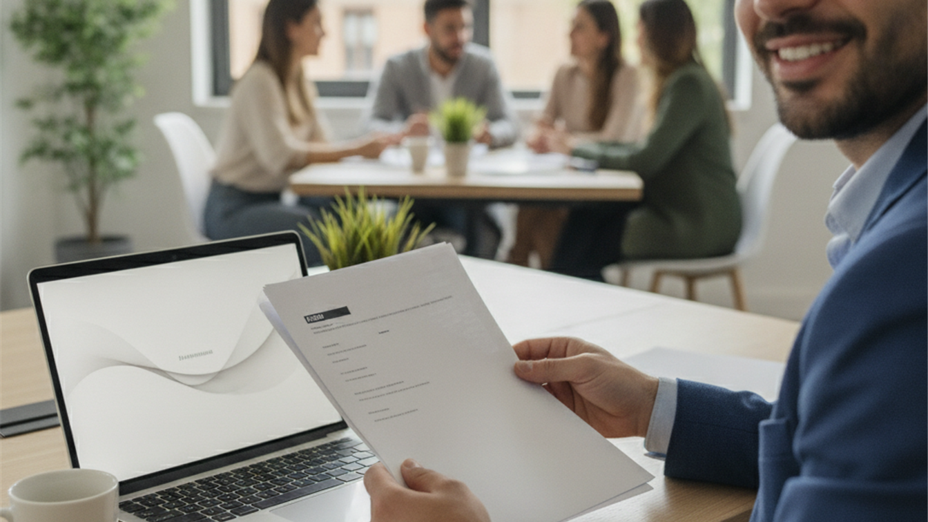 Profesional revisando documentación y ordenador en oficina de trabajo España