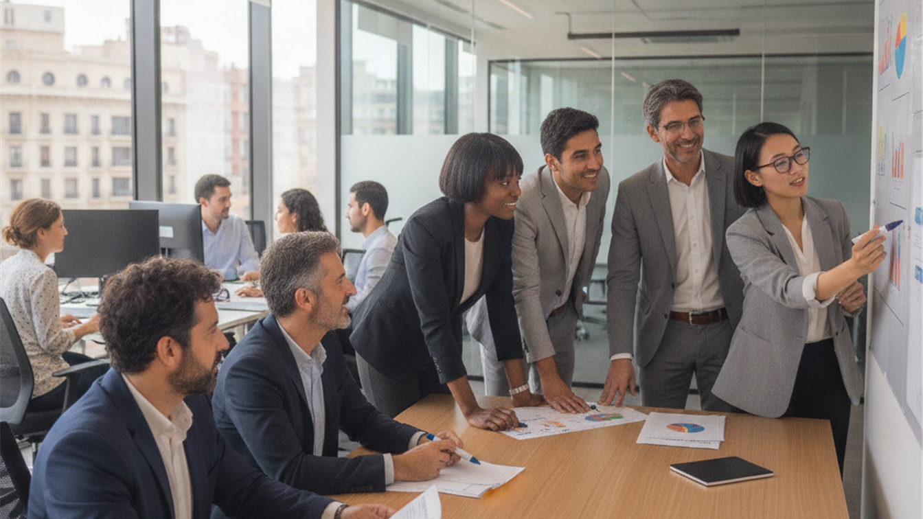 Personas trabajando en equipo en una oficina en España