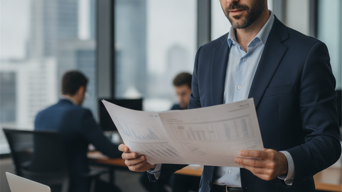 Profesional con documentos junto a un ordenador