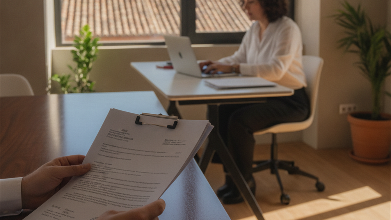 Documentos de empleo y persona trabajando con un portátil en una oficina