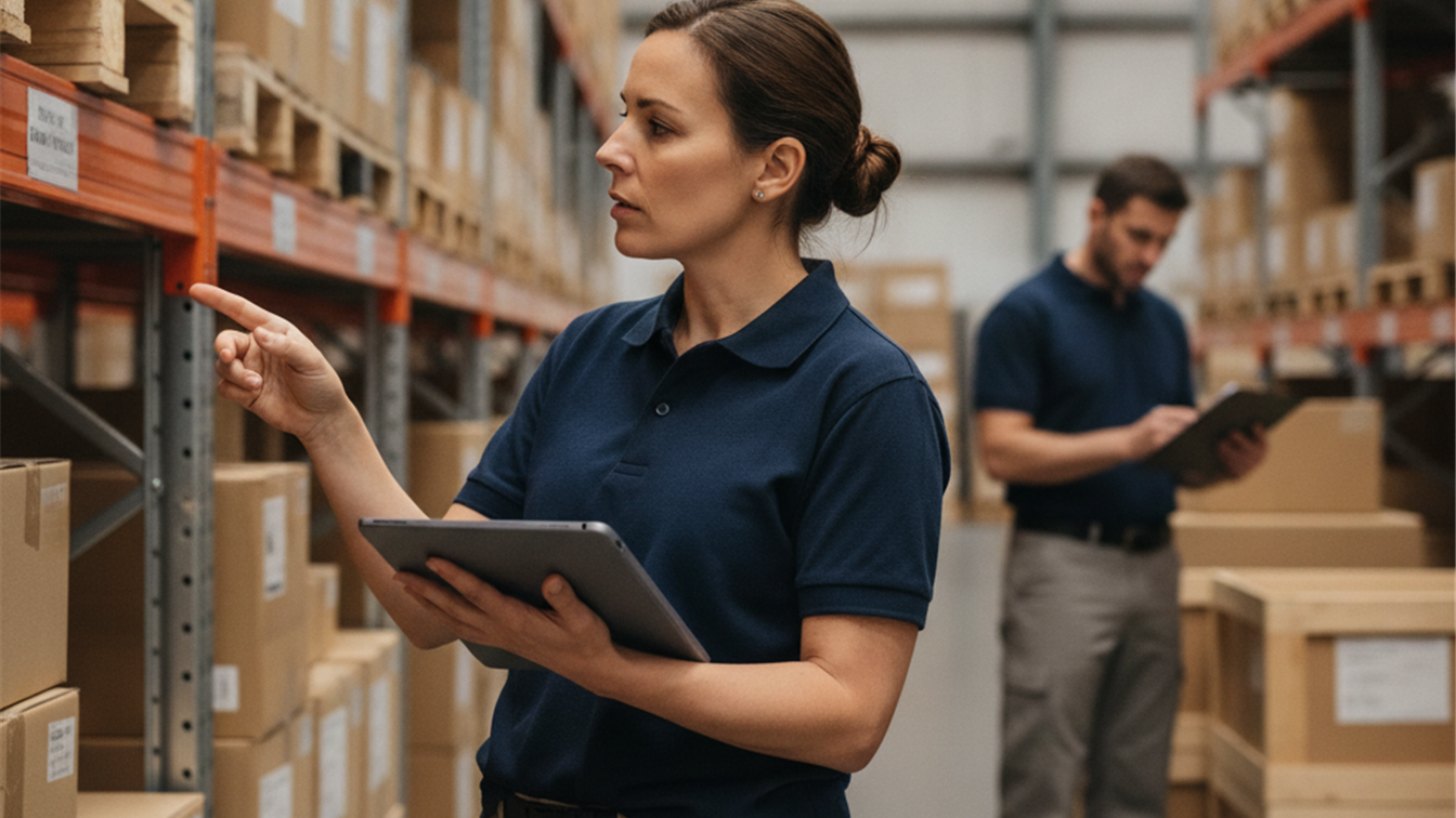 Profesional de logística revisando inventario con tablet en almacén