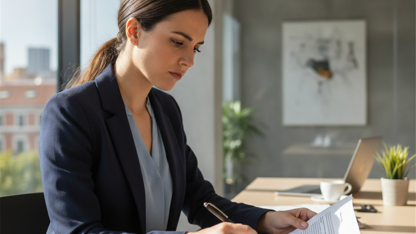 Profesional revisando documentos de contrato de trabajo en Madrid